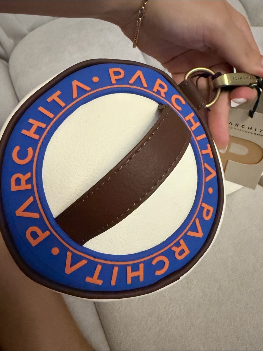 Parchita Round Leather Belt Bag Pouch — Brown, White & Blue